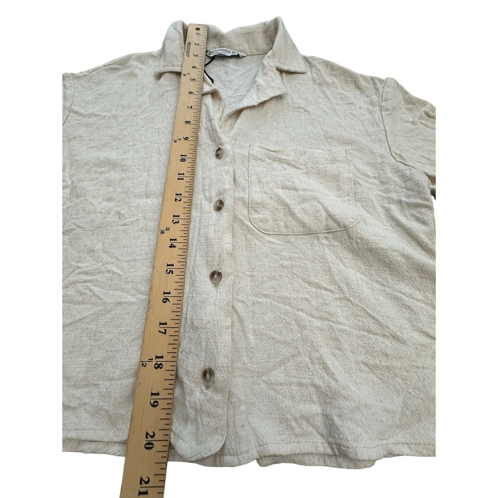 Stradivarius Top Womens Small Linen Blend Short Sleeve Boxy Shirt Flax #U3 View 4
